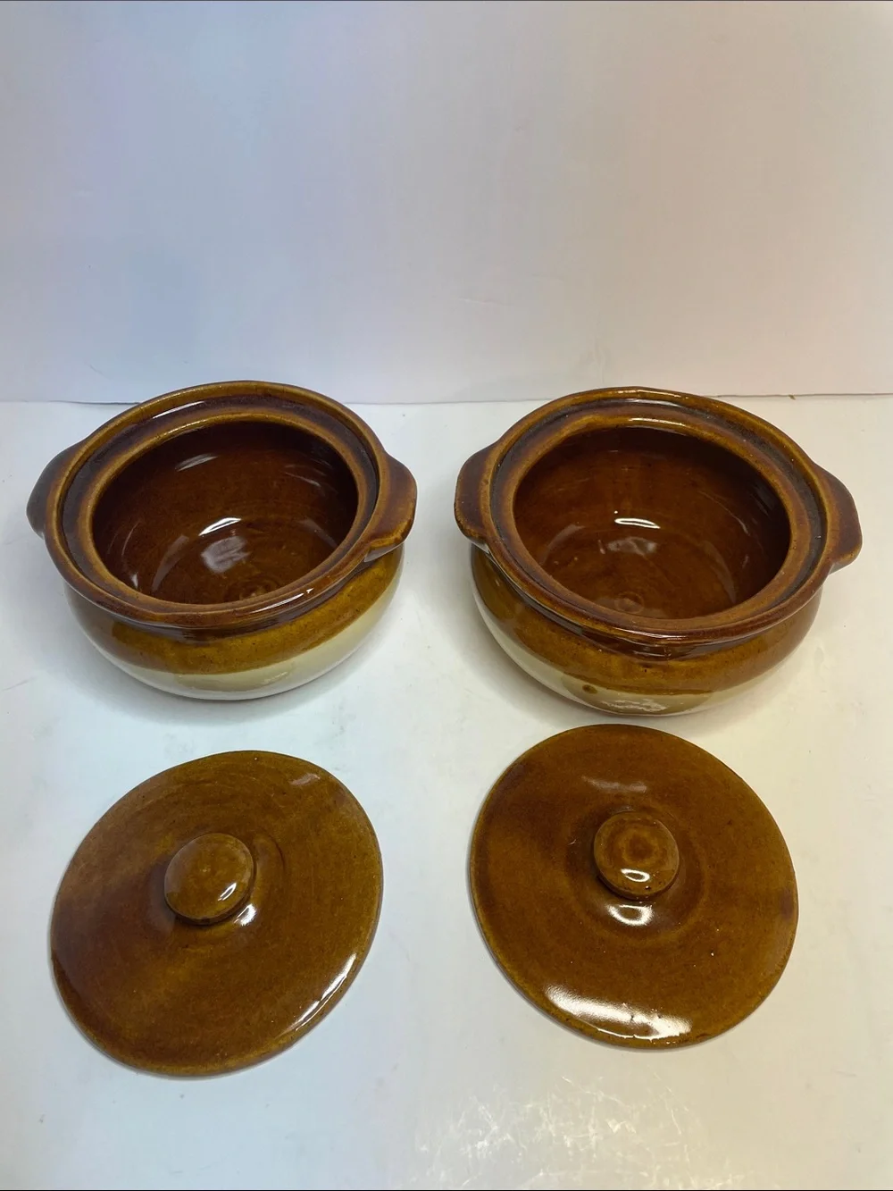 Stoneware Covered Casserole Bowls “bean pots” in Brown and Cream - Set of 2